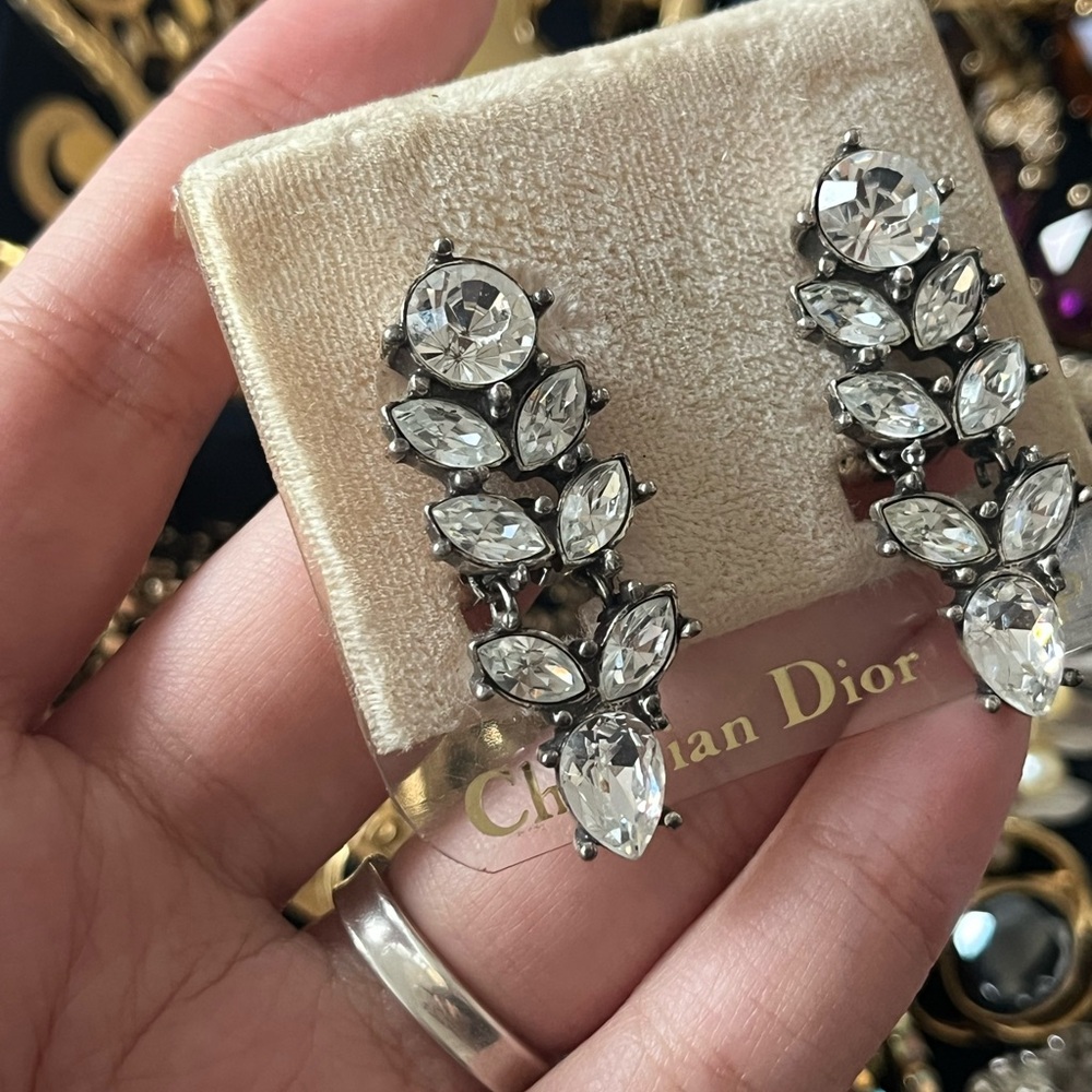 NWT Vintage Christian Dior Marquise Rhinestone Drop Patinated Silver Earrings - Picture 5 of 10